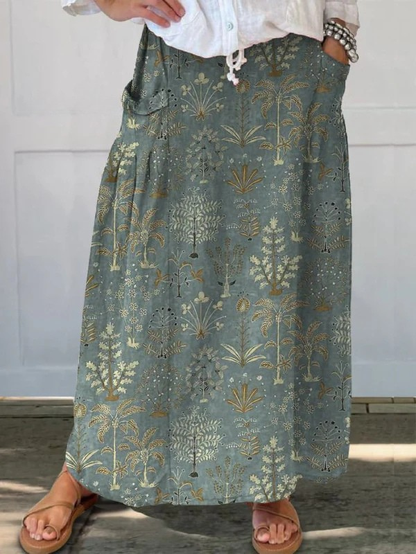 Effortless Dark Green Botanical Print Maxi Skirt for Women with High Waist Drawstring Pocket Flowing Style