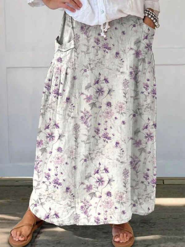 Effortless White Floral Maxi Skirt for Women with Drawstring Waist Pocket Detail Flowing Bohemian Style