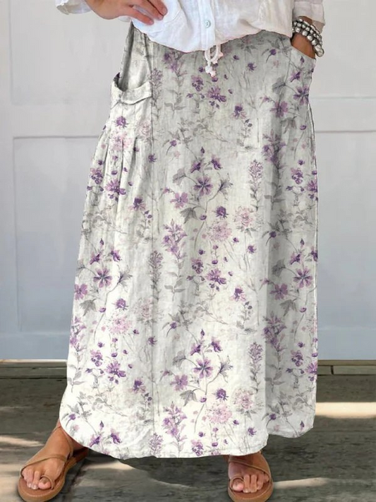 Effortless White Floral Maxi Skirt for Women with Drawstring Waist Pocket Detail Flowing Bohemian Style