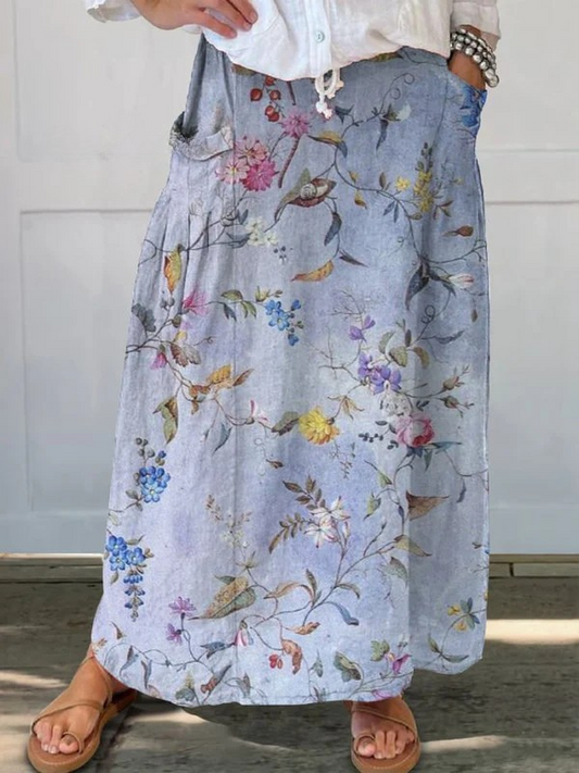 Effortless Violet Floral Maxi Skirt for Women with High Waist Drawstring A Line Flowing Style
