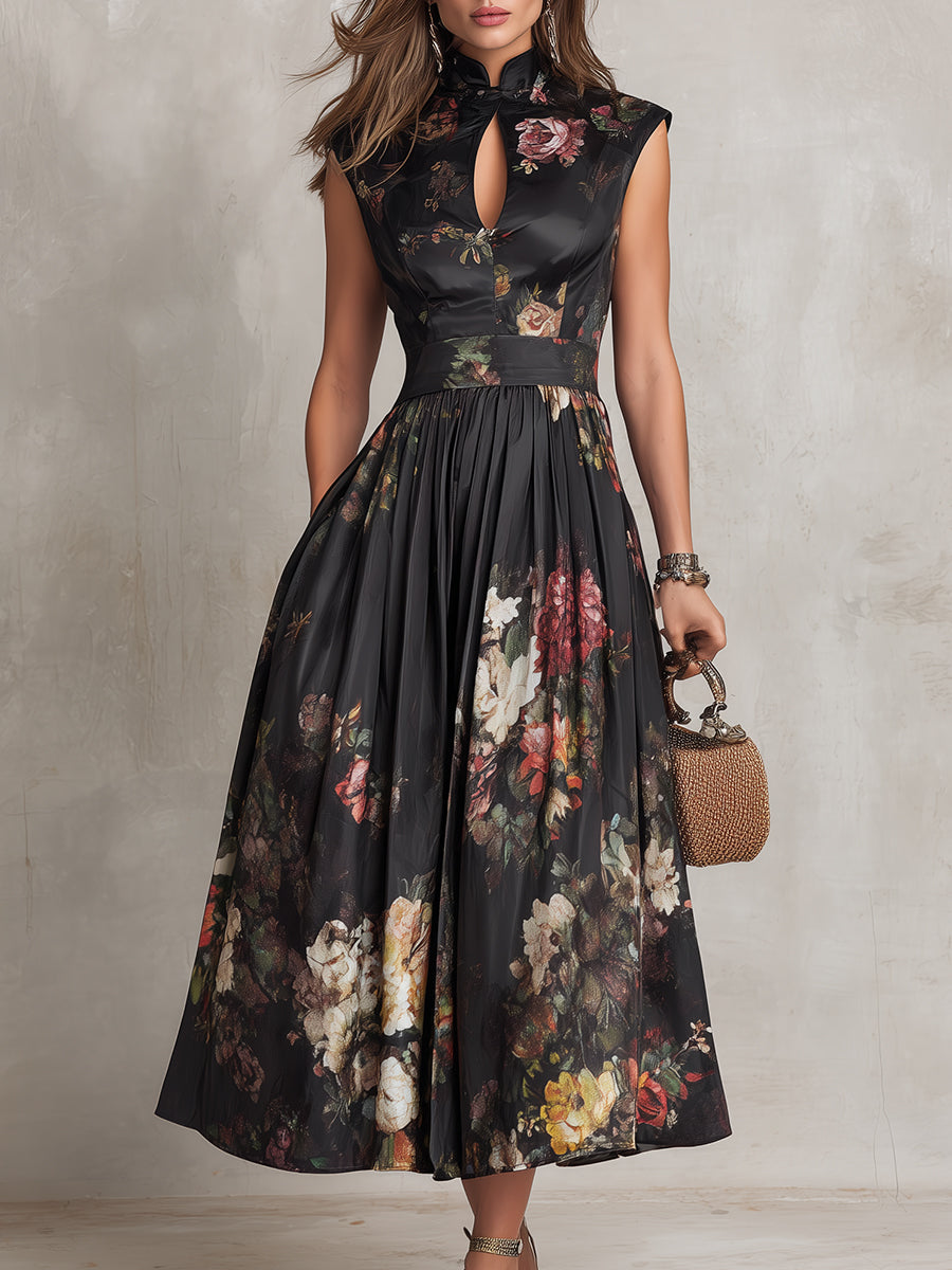Elegant Black Floral Midi Dress for Women with Stand Collar Keyhole Neck Cap Sleeve A Line Skirt Formal Wedding Guest Style