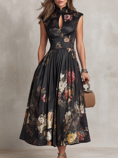 Elegant Black Floral Midi Dress for Women with Stand Collar Keyhole Neck Cap Sleeve A Line Skirt Formal Wedding Guest Style