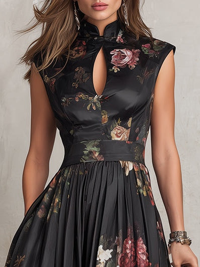 Elegant Black Floral Midi Dress for Women with Stand Collar Keyhole Neck Cap Sleeve A Line Skirt Formal Wedding Guest Style