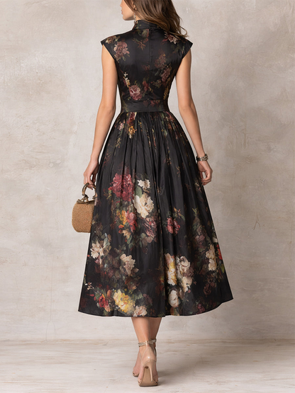 Elegant Black Floral Midi Dress for Women with Stand Collar Keyhole Neck Cap Sleeve A Line Skirt Formal Wedding Guest Style