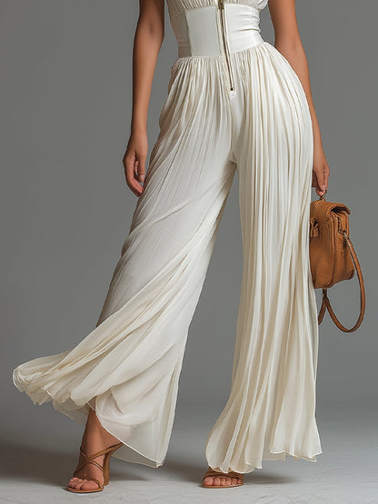 Elegant White Pleated Jumpsuit for Women with Deep V Neck and Corset Waist