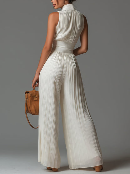 Elegant White Pleated Jumpsuit for Women with Deep V Neck and Corset Waist