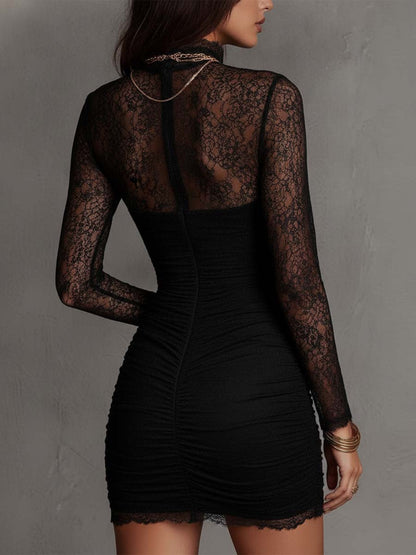 Elegant Black Mini Dress for Women with High Neck Lace Long Sleeve Ruched Bodycon Cocktail Style