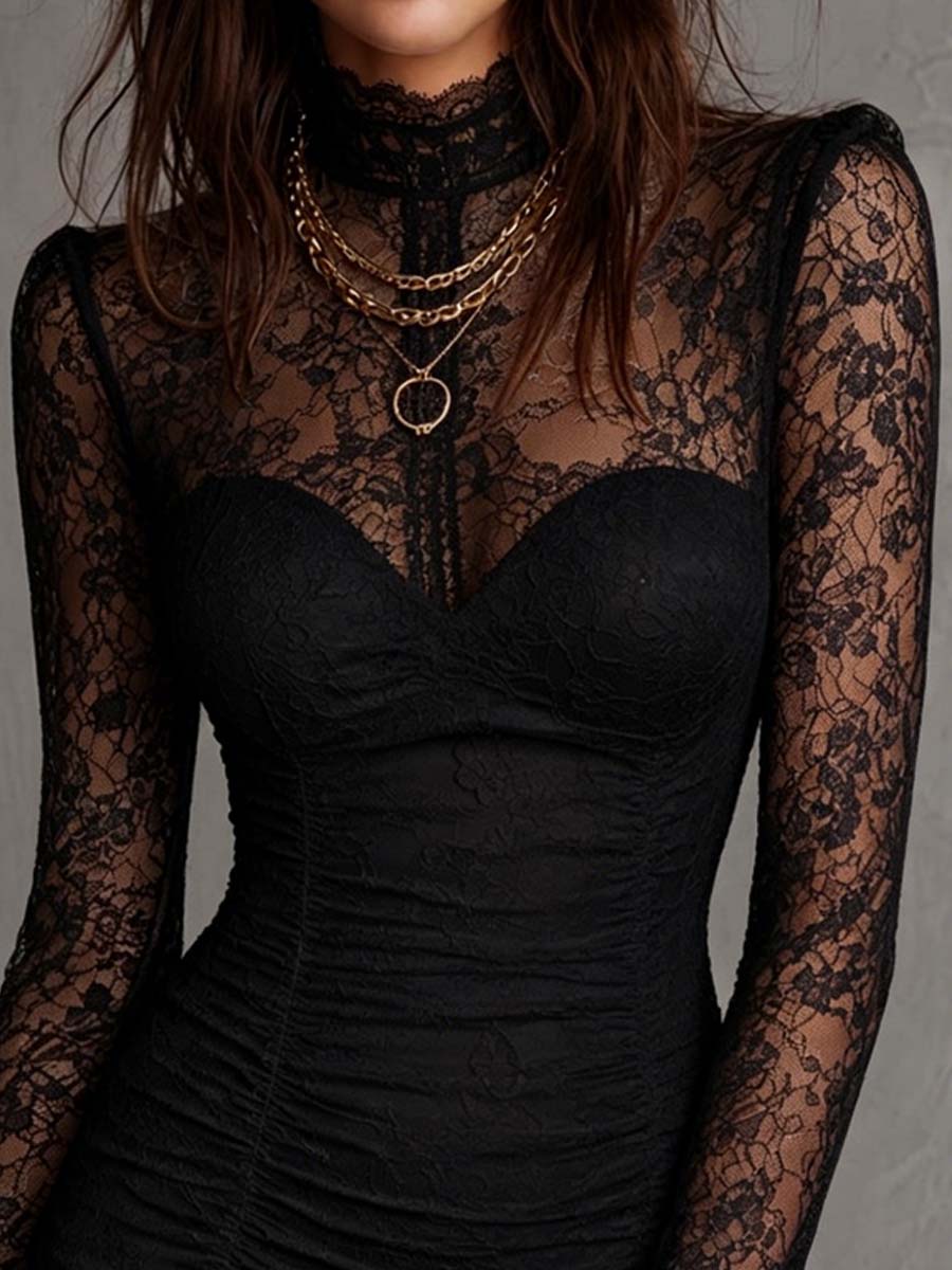 Elegant Black Mini Dress for Women with High Neck Lace Long Sleeve Ruched Bodycon Cocktail Style