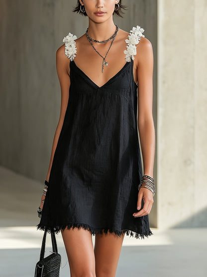 Effortless Black Slip Mini Dress for Women with V-Neck Fringe Frayed Hem