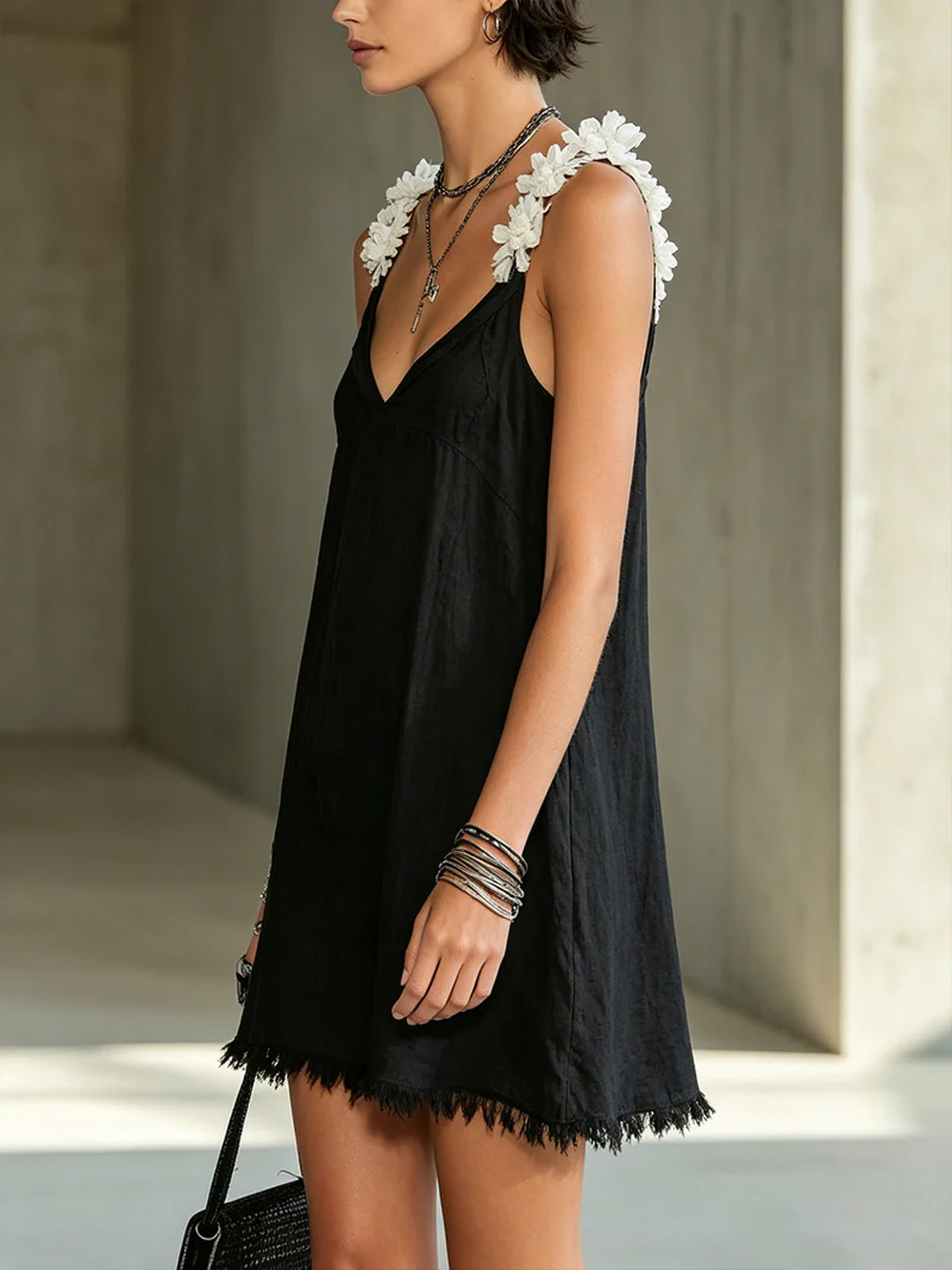 Effortless Black Slip Mini Dress for Women with V-Neck Fringe Frayed Hem