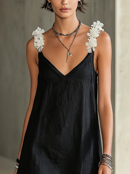 Effortless Black Slip Mini Dress for Women with V-Neck Fringe Frayed Hem