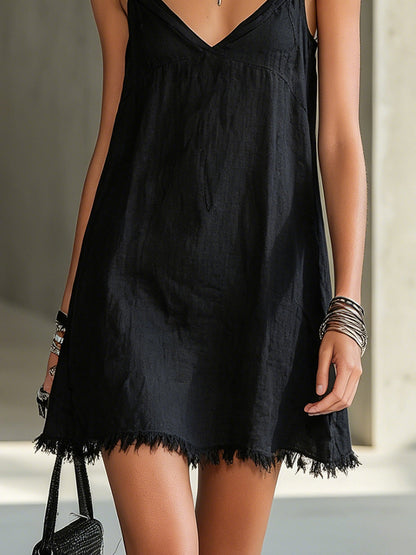 Effortless Black Slip Mini Dress for Women with V-Neck Fringe Frayed Hem