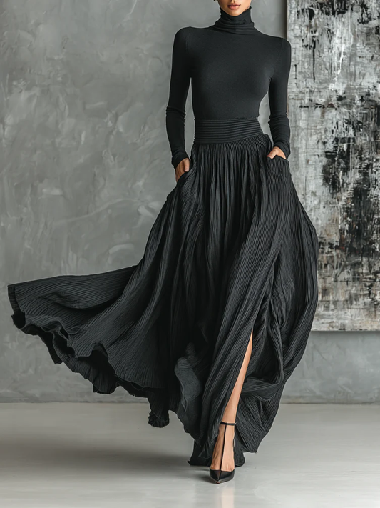 Elegant Black Pleated Maxi Skirt Two Piece Set for Women with Turtleneck Long Sleeve High Slit Formal Style