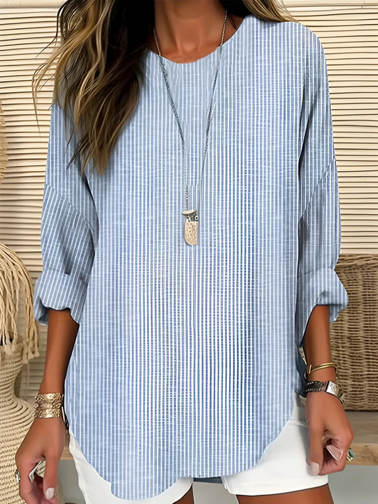 Effortless Striped Tunic Blouse for Women with Round Neck Elbow Sleeve Relaxed Curved Hem Style