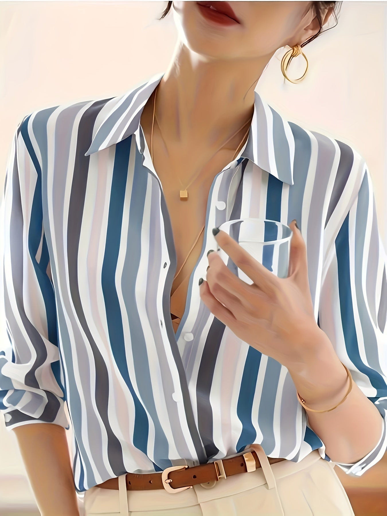 Elegant Striped Chiffon Blouse for Women with Collar Long Sleeve Button Front Relaxed Flowing Style