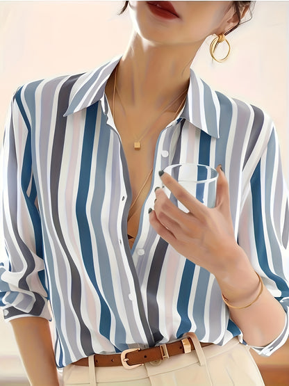 Elegant Striped Chiffon Blouse for Women with Collar Long Sleeve Button Front Relaxed Flowing Style