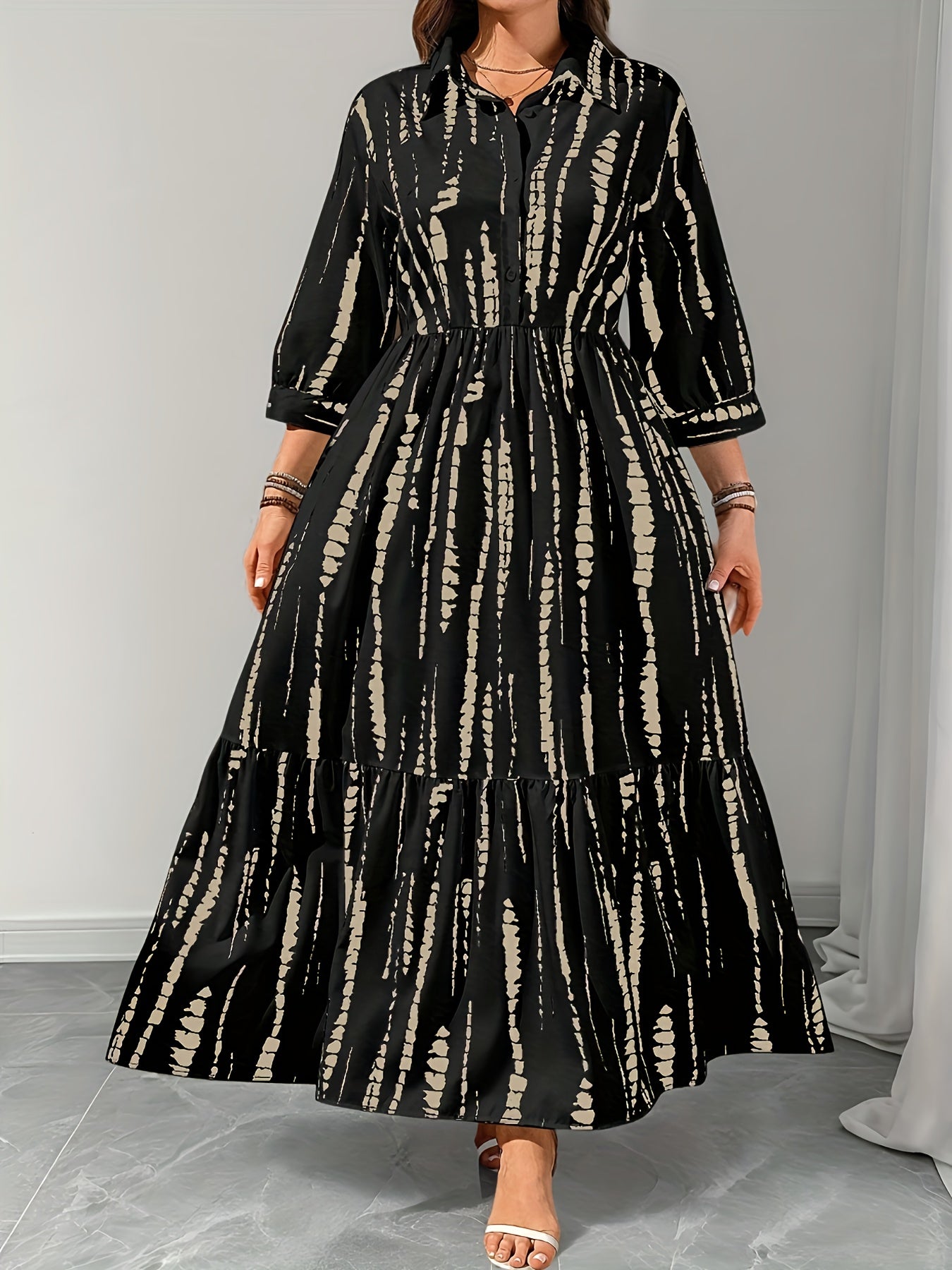 Elegant Black Tie Dye Maxi Shirt Dress for Women with Collar Elbow Sleeve Tiered Button Front Flowing Style