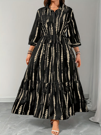 Elegant Black Tie Dye Maxi Shirt Dress for Women with Collar Elbow Sleeve Tiered Button Front Flowing Style
