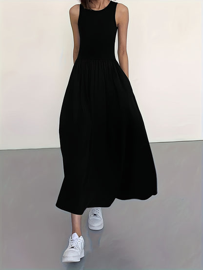 Elegant Black Maxi Dress for Women with Round Neck Sleeveless A Line Pocket Flowing Style