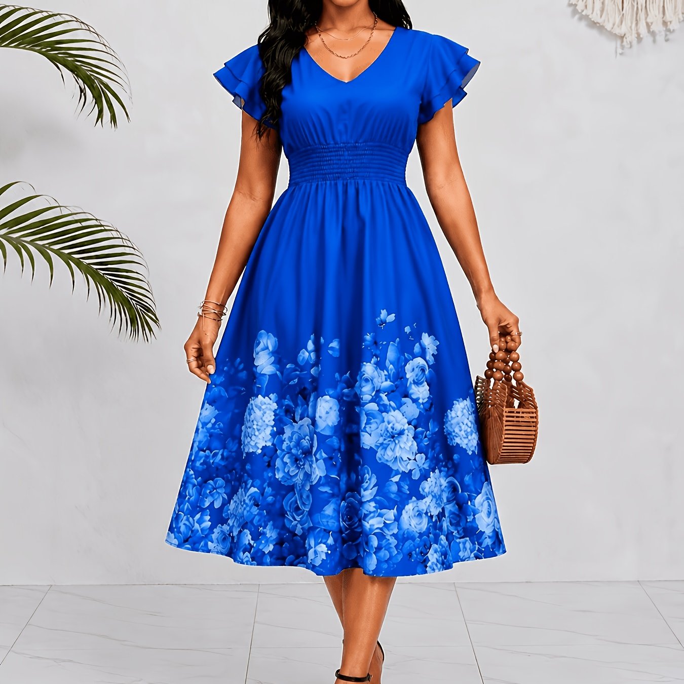 Effortless Blue Floral Midi Dress for Women with V Neck Flutter Sleeve Smocked Waist Flowing Style