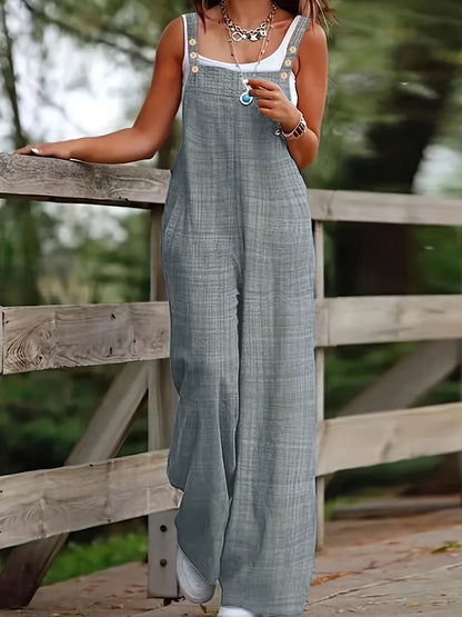 Effortless Linen Wide Leg Jumpsuit for Women with Square Neck Sleeveless Button Front Relaxed Casual Style
