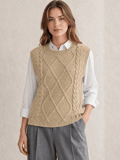 Comfortable Cable Knit Sweater Vest for Women with Crew Neck Sleeveless Relaxed Oversized Casual Style