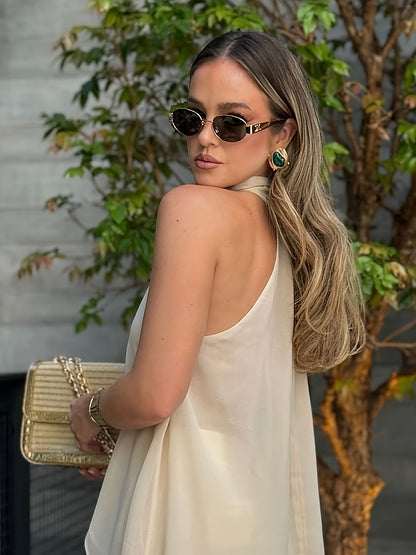Elegant Chiffon Halter Blouse for Women with High Neck Sleeveless Flowing Asymmetrical Style