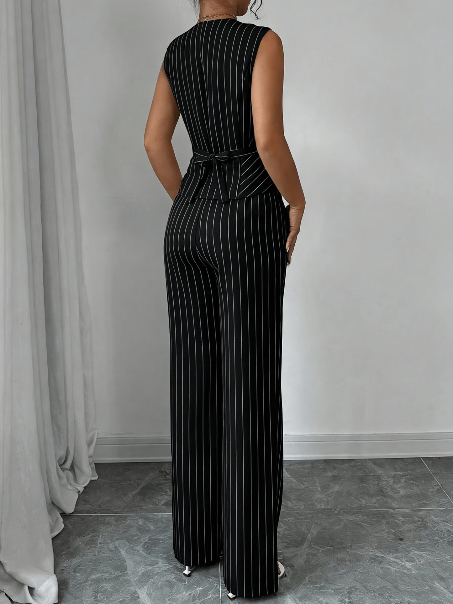 Elegant Grey Pinstripe Wide Leg Set for Women with V Neck Button Front Two Piece Style
