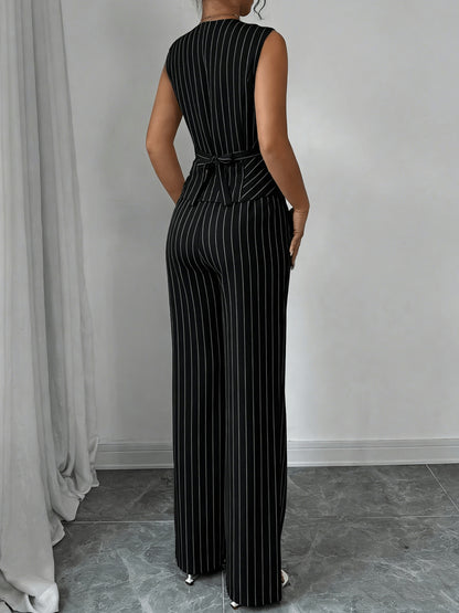 Elegant Grey Pinstripe Wide Leg Set for Women with V Neck Button Front Two Piece Style