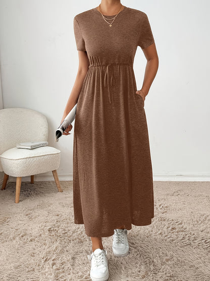 Effortless Drawstring Waist Maxi Dress for Women with Round Neck Short Sleeve Relaxed Flowing Pocket Style