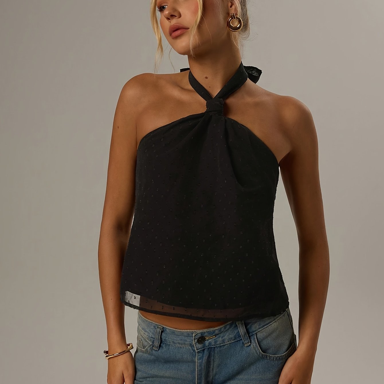 Elegant Black Swiss Dot Halter Top for Women with Sleeveless Sheer Tie Back Cropped Style