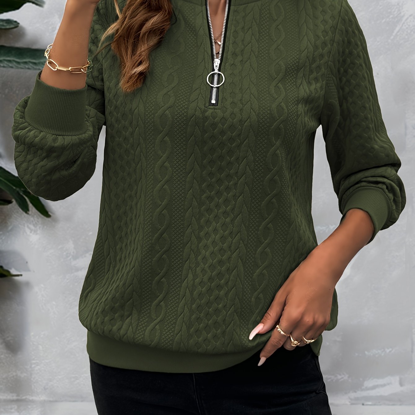 Comfortable Cable Knit Sweater for Women with Zip Crew Neck Long Sleeve Textured Relaxed Style