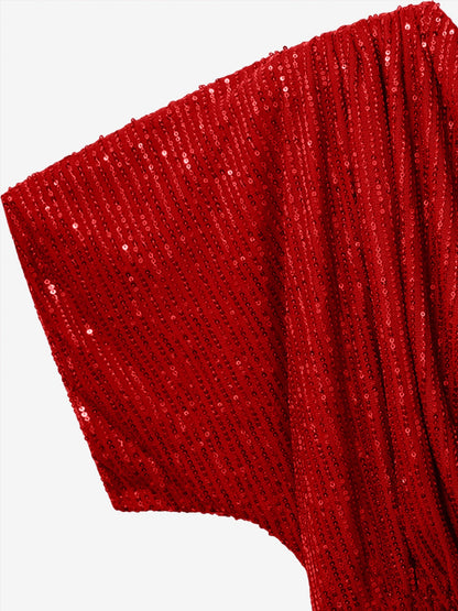 Elegant Red Sequin Bodycon Mini Dress for Women with One Shoulder Draped Ruched Waist