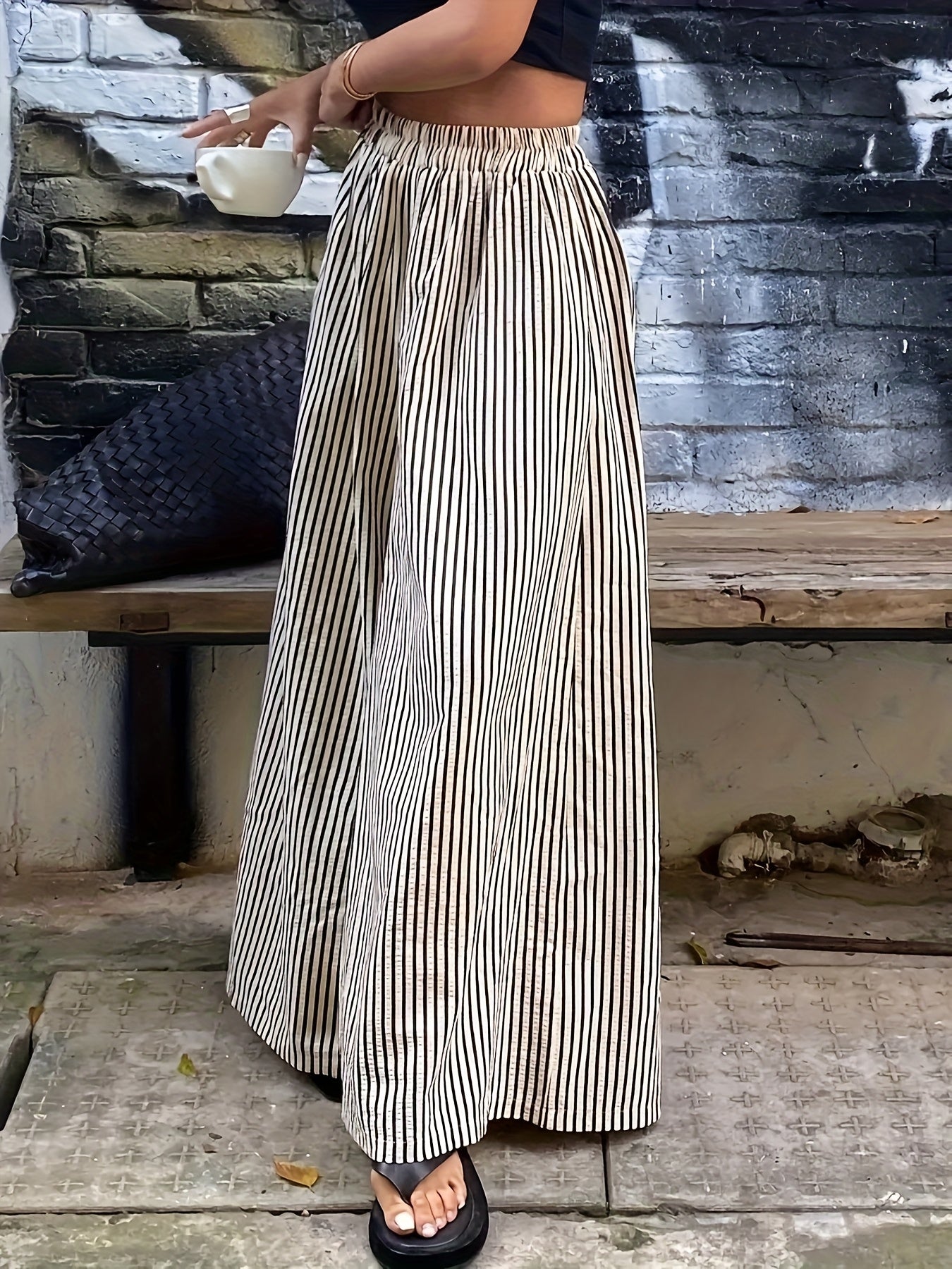 Effortless Black and Cream Striped Wide Leg Pants for Women with High Waist Elastic Flowing Palazzo Style
