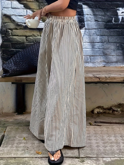 Effortless Black and Cream Striped Wide Leg Pants for Women with High Waist Elastic Flowing Palazzo Style