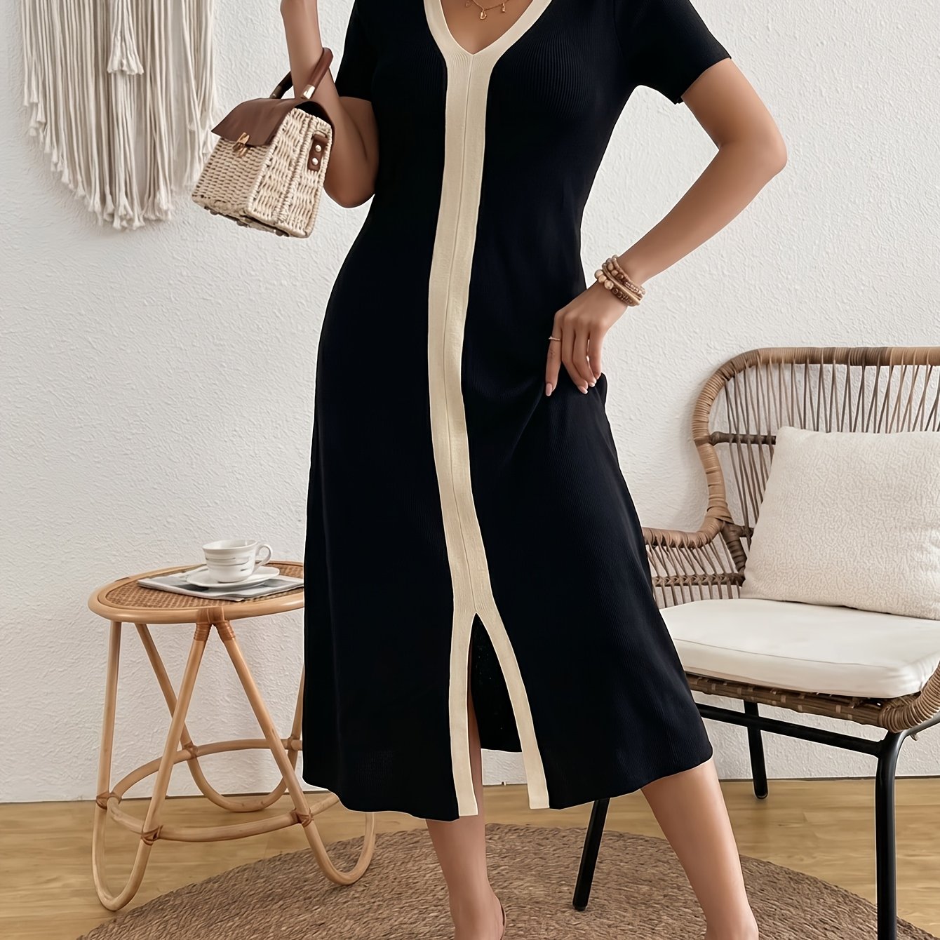 Elegant Black Midi Dress for Women with V Neck Short Sleeve Colorblock Slit Knit Style