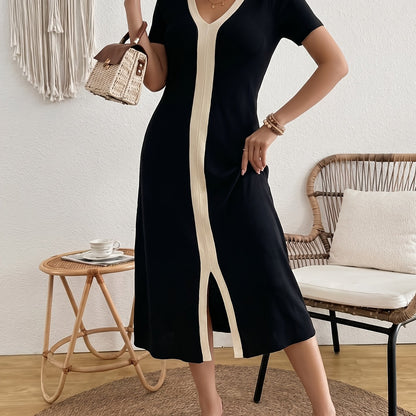 Elegant Black Midi Dress for Women with V Neck Short Sleeve Colorblock Slit Knit Style