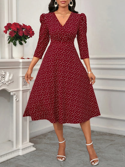 Elegant Polka Dot Midi Dress for Women with V Neck Puff Sleeve Fit and Flare Cocktail Style