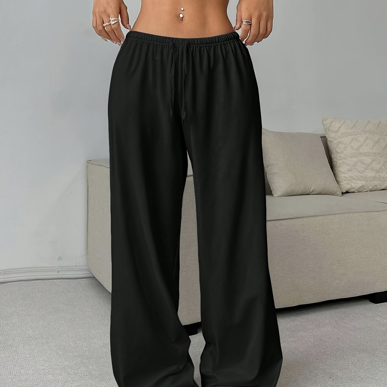 Effortless Waffle Knit Wide Leg Pants for Women with High Waist Drawstring Relaxed Flowing Casual Style