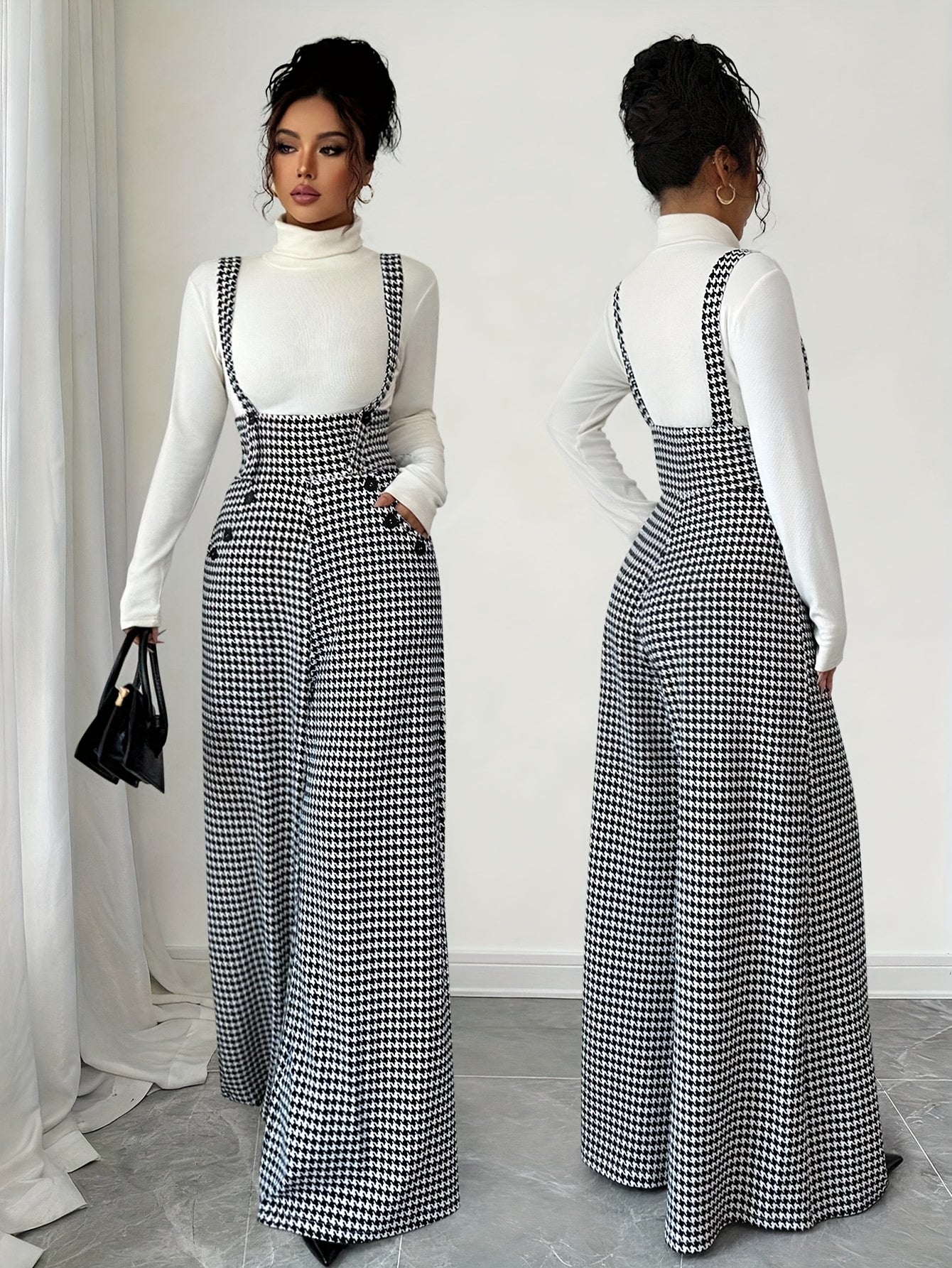Elegant Houndstooth Wide Leg Jumpsuit for Women with Square Neck Sleeveless Suspender Button Front Relaxed Style