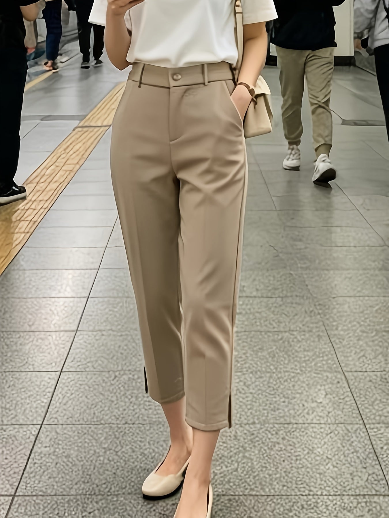 Elegant Tailored Trousers for Women with High Waist Button Front Cropped Slit Hem Casual Style