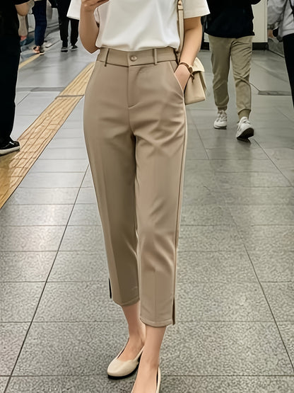 Elegant Tailored Trousers for Women with High Waist Button Front Cropped Slit Hem Casual Style