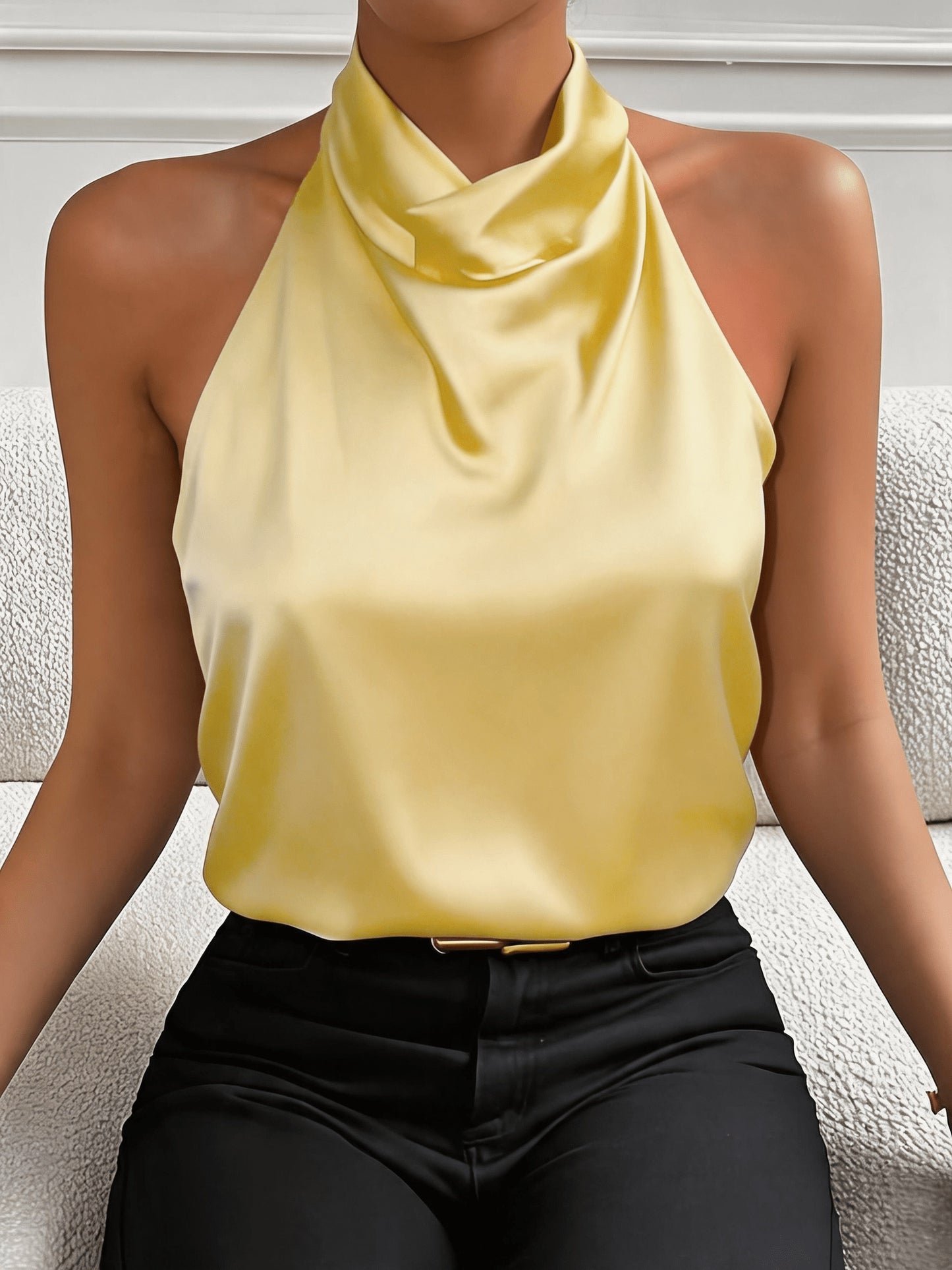Elegant Satin Halter Top for Women with Cowl Neck Sleeveless Draped Silky Style