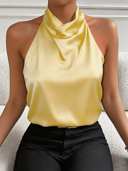 Elegant Satin Halter Top for Women with Cowl Neck Sleeveless Draped Silky Style