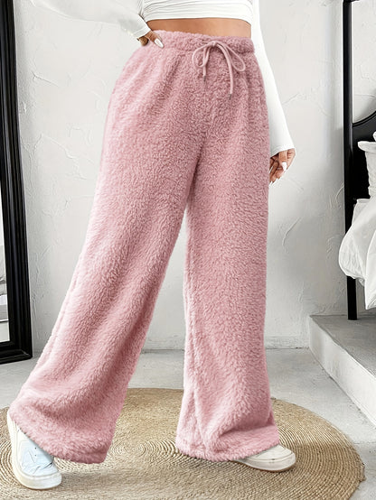 Comfortable Sherpa Wide Leg Pants for Women with High Waist Drawstring Relaxed Flowing Casual Style