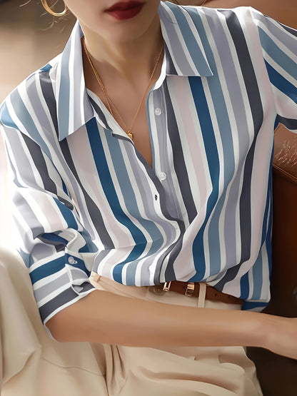 Elegant Striped Chiffon Blouse for Women with Collar Long Sleeve Button Front Relaxed Flowing Style