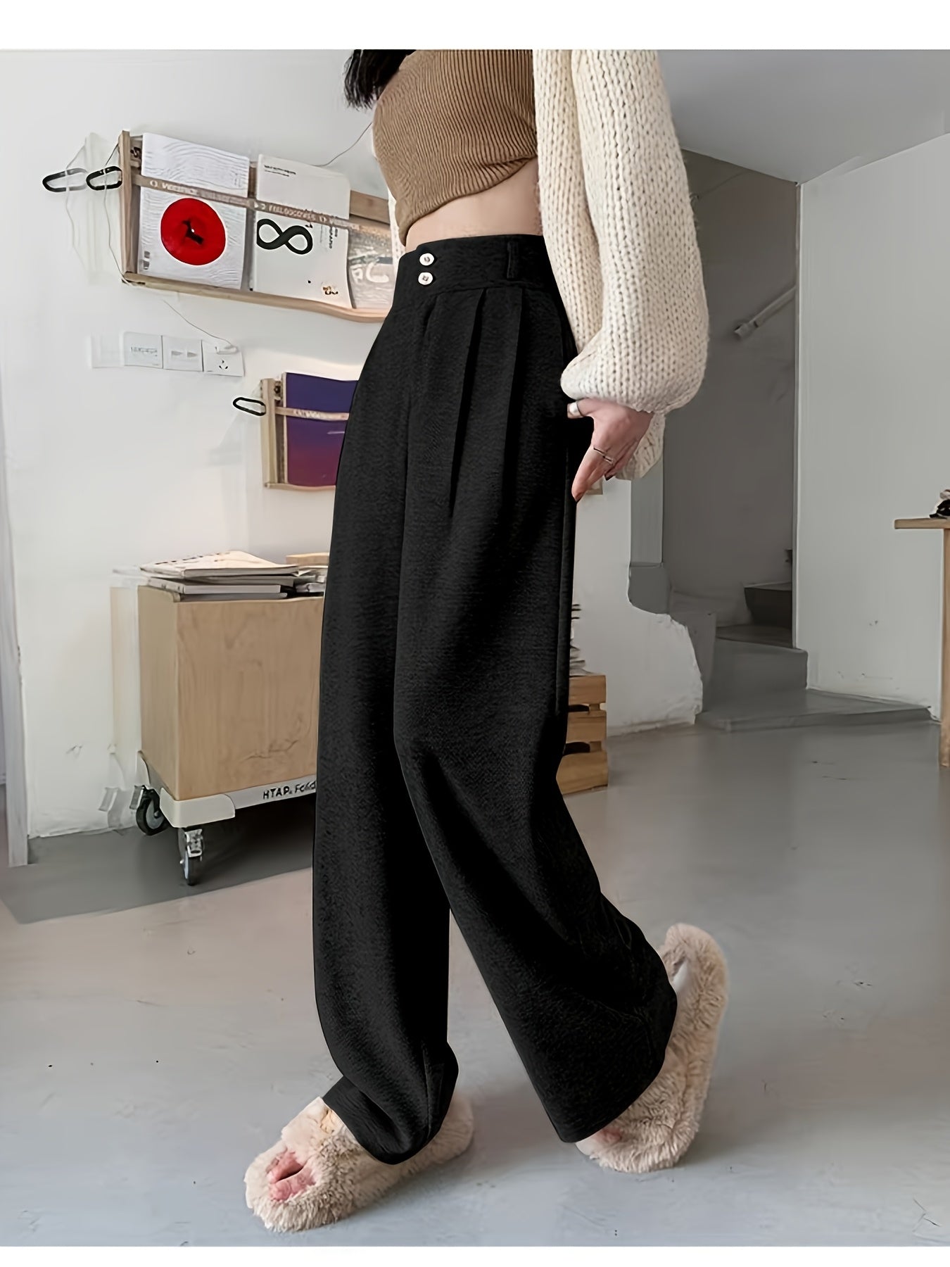 Effortless Herringbone Wide Leg Pants for Women with High Waist Button Front Pleated Tailored Style