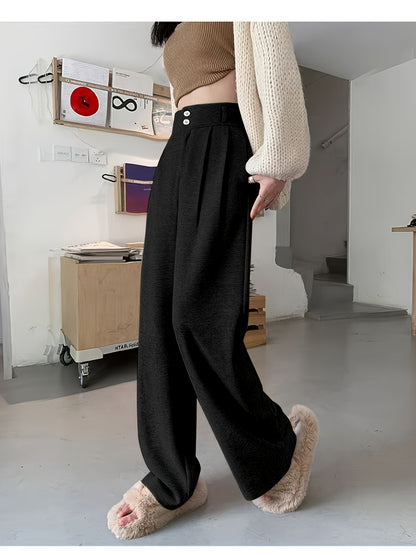Effortless Herringbone Wide Leg Pants for Women with High Waist Button Front Pleated Tailored Style