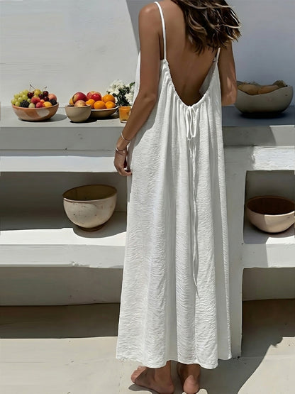 Effortless Textured Maxi Dress for Women with Spaghetti Strap Low Back Tie Flowing Bohemian Style