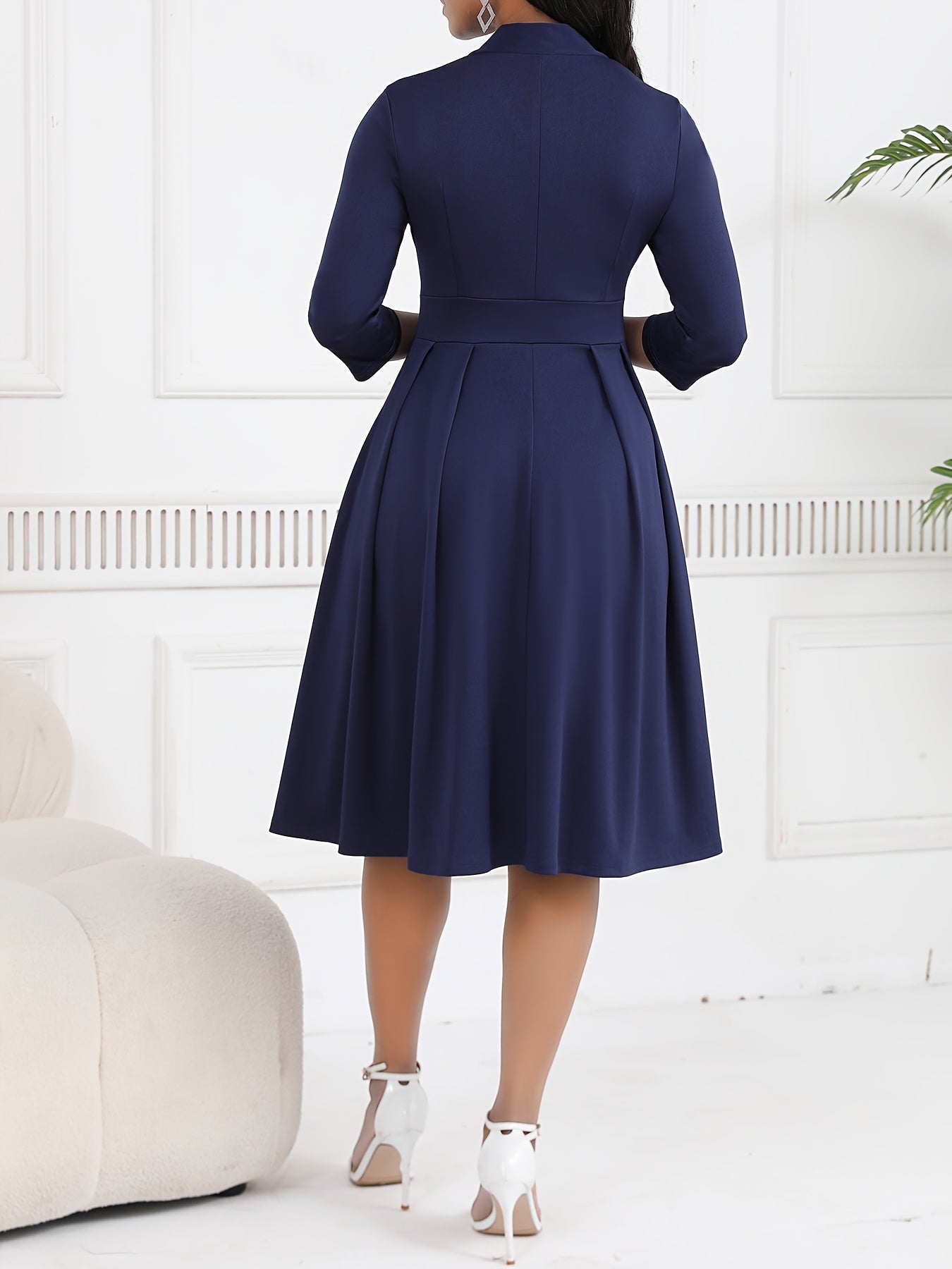 Elegant Knit Midi Dress for Women with Tie Neck Elbow Sleeve Pleated Fit and Flare Style